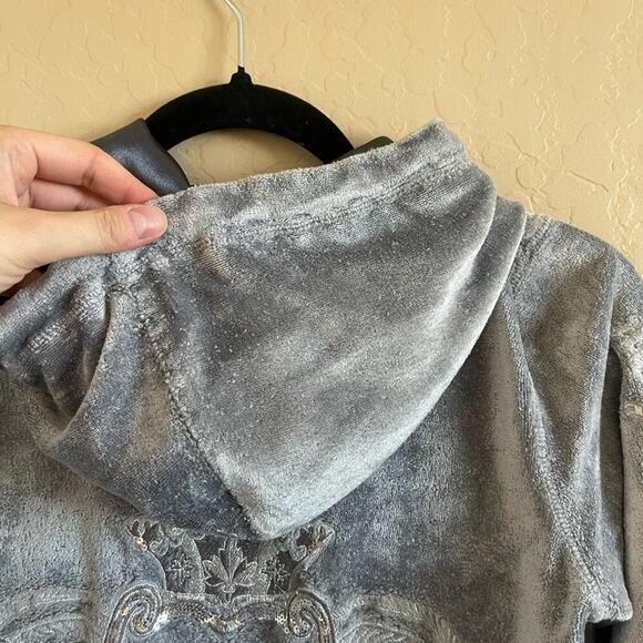 Y2K Christian Audigier Silver Velour Zip Up Sweatshirt Hoodie - Picture 3 of 11